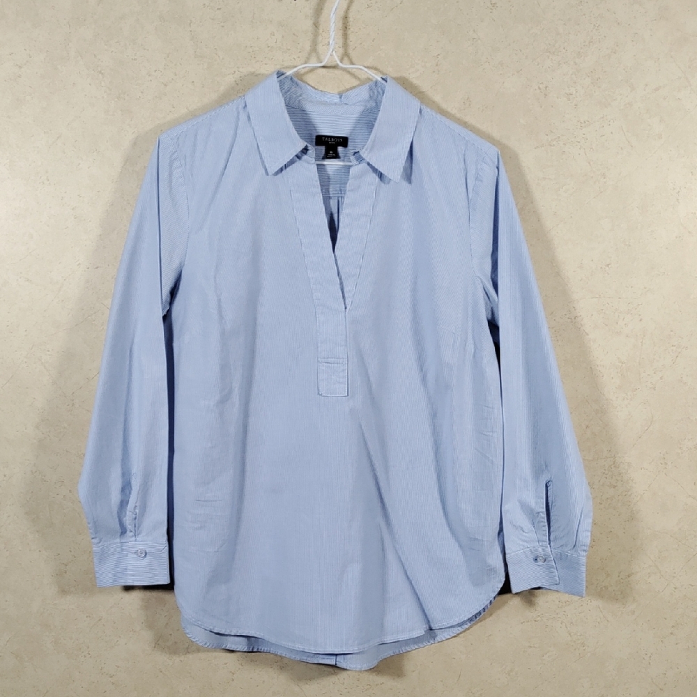 *E183 Talbots light blue & white striped cotton L/S tunic blouse PM FINAL PRICE